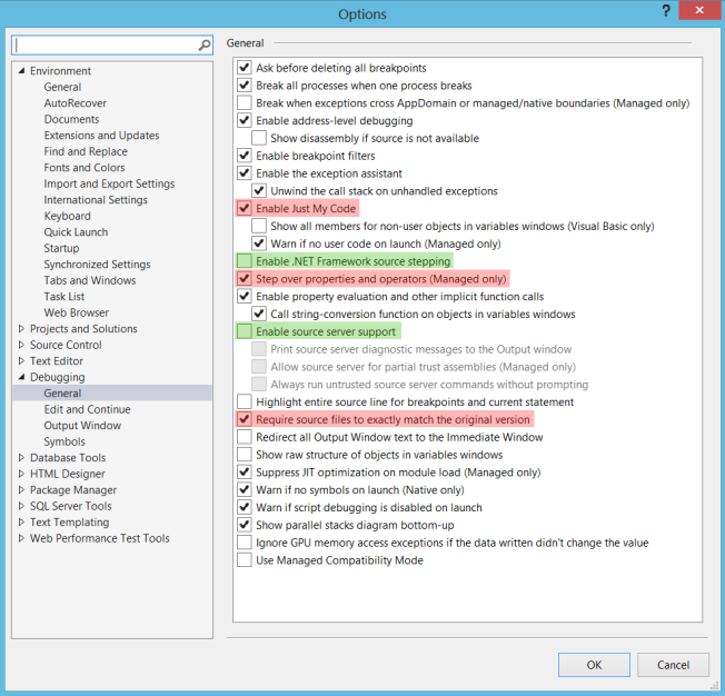 You'll need to enable and disable the following options within the Debugging Options in Visual Studio